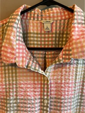L.L.Bean Vacationland Seersucker Short Sleeve Popover Plaid Shirt Pink Green thumbnail 5