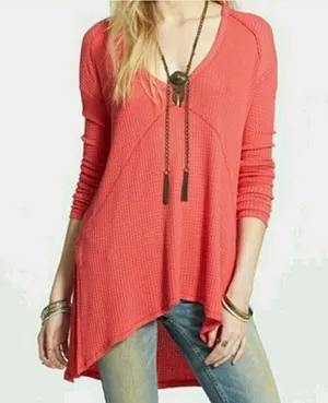 Free People Sunset Park Thermal Oversized Waffle Knit Red Coral Long Sleeve Boho thumbnail 1
