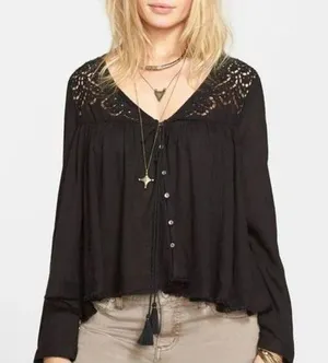 Free People 'Doin' It Right' Button Front Blouse Black Boho Flowy Lace $128 Sz S thumbnail 1