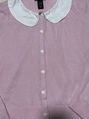 Hot Topic Cardigan Knit Sweater Pink White Peter Pan Collar Heart Buttons Medium thumbnail 3