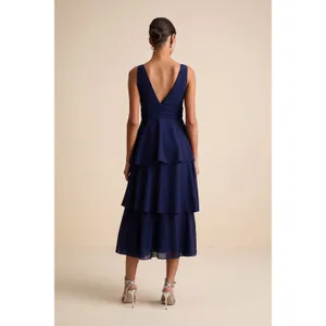 NWT lulus Celebration Time Navy Blue Sleeveless Tiered Midi Dress Holiday Sz S thumbnail 3