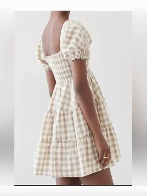Peixoto Coco Beige and White Gingham Puff Sleeve Mini Dress Size Small thumbnail 2