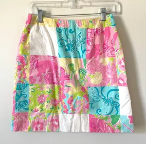 Lilly Pulitzer Vintage Patchwork Floral Animal Mini Skirt Pink Blue Size 2 thumbnail 1
