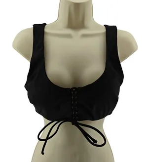 Aerie Black Lace Up Accented Scoop Bikini Bathing Suit Top Large thumbnail 1