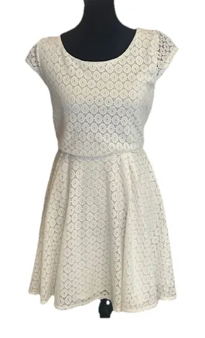 IZ Byer White Lace Fit & Flare Short Scoop Neck Cap Sleeve Bow Cutout Dress S thumbnail 1