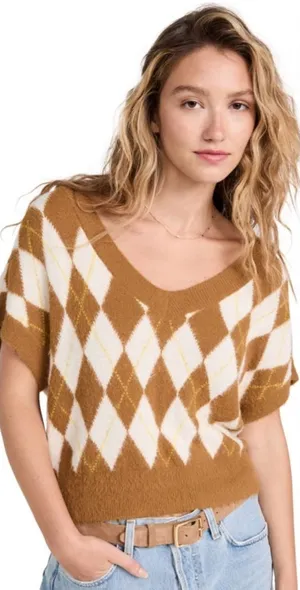 Free People Sweater Vest Women's Through the Motion Argyle Boxy Tan Cream Medium thumbnail 1