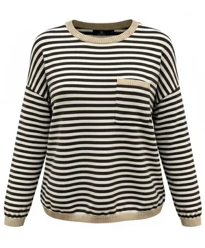 Striped Crewneck Sweater with Contrast Trim - Black & Cream thumbnail 1
