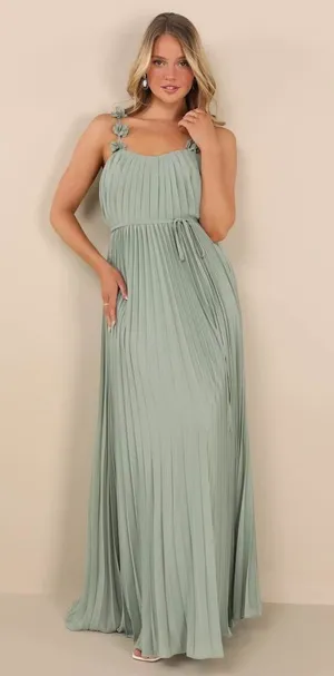 NWT Lulus Hera Sage Pleated Floral Applique Maxi Dress Bridesmaid Gala Size L thumbnail 1