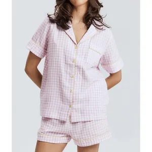 All for Mimi Gingham PJ Short Sleeve Top & Short Set Size XS Purple Yellow thumbnail 3