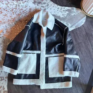 Princess Polly Lexie Faux Leather Jacket Black Sherpa Trim Oversized M/L thumbnail 4