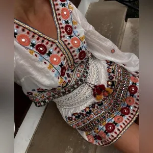 Zara Embroidered Set embellished beaded skirt top boho colorful long sleeve crop thumbnail 1