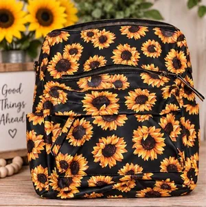 Sunflower Print Black Backpack - Floral Women's Bag thumbnail 1