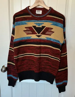 Vintage Montgomery Ward Western Knit Sweater Large Red/Black thumbnail 1