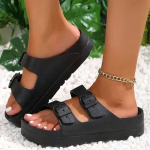 Women’s Black Adjustable Double Buckle Sandals Waterproof,Comfortable Flat Shoes thumbnail 2