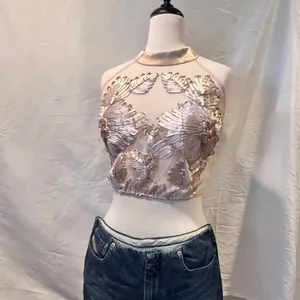 Floral Satin Ribbon & Mesh Embroidered 3D Sheer Sleeveless Tank Top Crop Top thumbnail 3