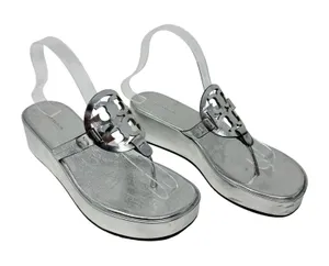 Tory Burch Miller Silver Metallic Leather Platform Wedge Sandals Logo Thong 9 thumbnail 1