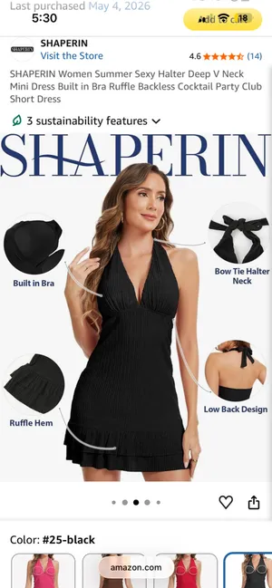 Amazon SHAPERIN Women Summer Sexy Halter Deep V Neck Mini Dress Built in Bra Ruffle Backless Cocktail Party Club Short Dress thumbnail 2