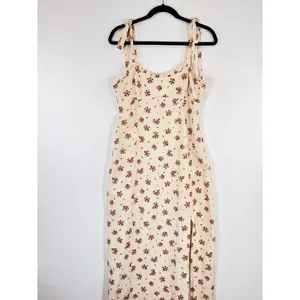 ZARA Womens Dress Beige Maxi Floral Ditsy Tank Smocked Linen Slit A Line Large thumbnail 4