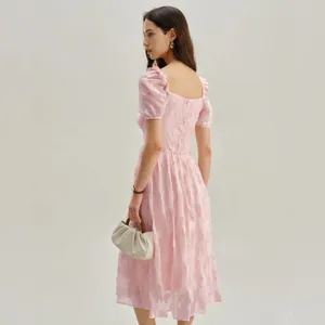 Rihoas Pink Square Neck Puffed Sleeve Midi Dress thumbnail 4
