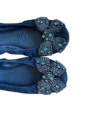 Tory Burch Navy Blue Suede Crystal Bow Eddie Flats thumbnail 5