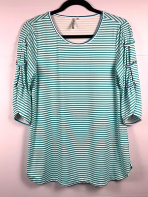 Lulu B Small Aqua Stripe UPF Top Lace Sleeve Coastal Beach Resort Cruise thumbnail 2
