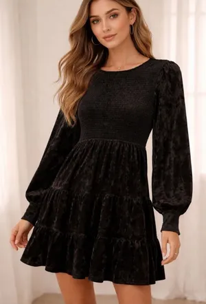 Baltic Born Black Crushed Velvet Smocked Dress thumbnail 1