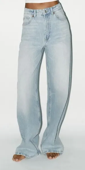 Zara light wash baggy wide leg jeans raw hem high waist size 8 thumbnail 1