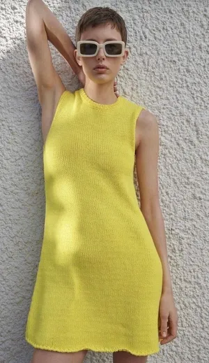 Zara Women's Yellow Sleeveless Knit Crew Neck Tank Sweater Mini Dress Size M thumbnail 1