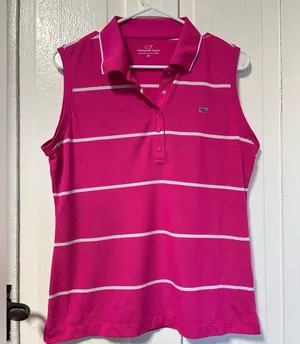 Vineyard Vines athletic sleeveless pink and white striped polo size medium thumbnail 1