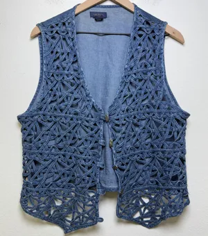 VTG Y2K Women 100% Cotton Western Vest Large Blue Denim Lattice Crochet Cowgirl‎ thumbnail 1