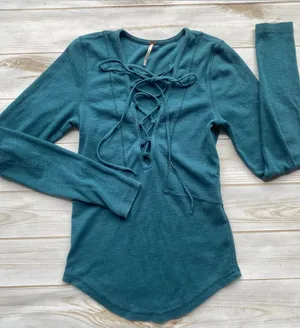 Free People teal knit long sleeve lace up V neck tee top retro Y2K boho peasant thumbnail 1