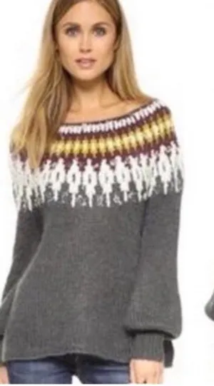 Free People Baltic Fair Isle Knit Sweater Large Gray Alpaca Mohair Blend thumbnail 1