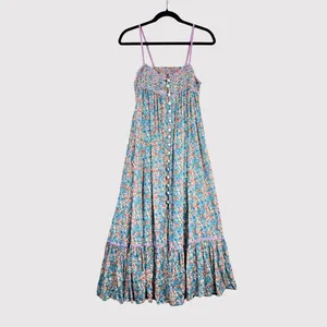 Free People Maxi Dress Blue Molly Jo Floral Button Down Cutout Back Smocked XS thumbnail 2