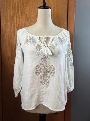 Kye Mi White Embroidered Cotton Peasant Blouse Tassel Top Size Small thumbnail 3
