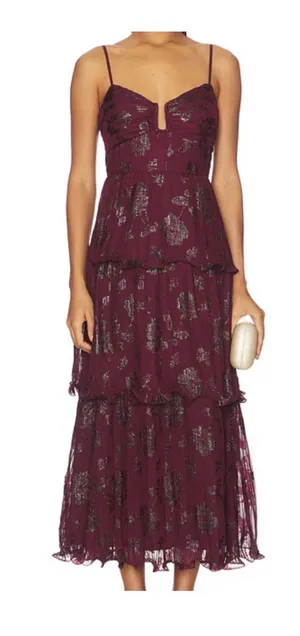 Courtesy Burgundy Metallic Floral Tiered Midi Dress – Size thumbnail 1