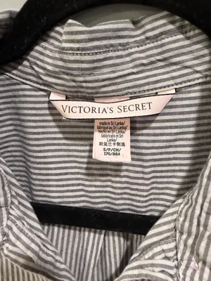 Victoria’s Secret Striped Embroidered Detail Long Sleeve Oversized Pajama Top and Shorts Set Grey and Purple thumbnail 4