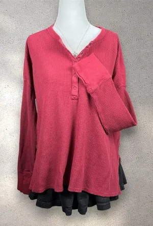 Offline by Aerie Waffle Henley Women's M Red Long Sleeve Thumbs Y2K Bella Swan thumbnail 1