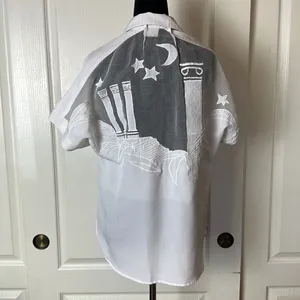 Vintage White Pearl Column Star Moon Button Up Short Sleebe Blouse thumbnail 3