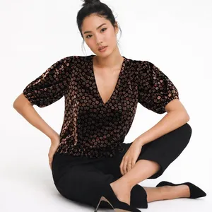 Madewell Floral Burnout Velvet V Neck Puff Sleeve Top Black Brown L Coquette thumbnail 1