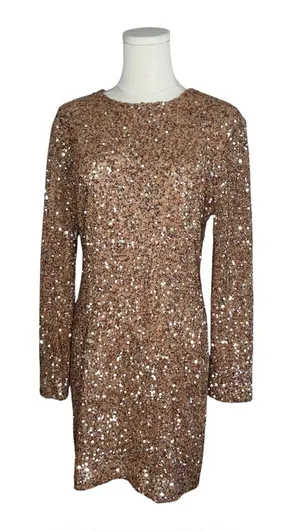 Retrofete Bronze Rose Gold Sequin Long Sleeve Nikki Mini Dress Evening Party thumbnail 1