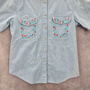 Blue Button Up Floral Embroidered Short Sleeve Vintage Y2K Short Top M Medium‎ thumbnail 4
