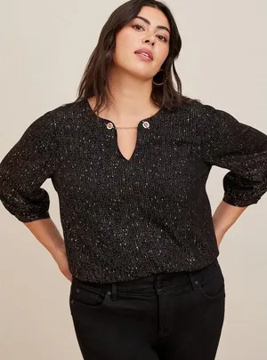 Torrid Womens Blouse Sz 2 2X 18 20 Black Gold Crepe Chain Detail 3/4‎ Sleeve thumbnail 1