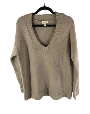 Open Edit Womens Sweater Oversized Chunky Knit Soft V Neck Beige S thumbnail 1
