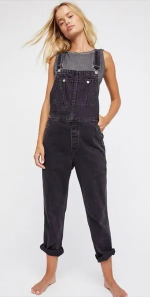 Free People Washed Black Denim Destroyed Boyfriend Overalls Utility Minimalist thumbnail 1
