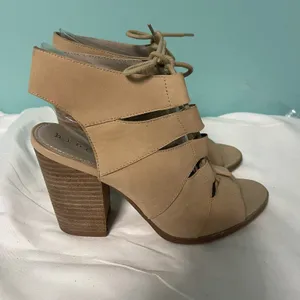 Hinge Beige‎ Suede Lace-up Open-toe Block Heel Shoes Women Size 7.5 S-356 thumbnail 2