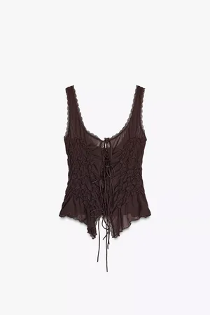 Zara brown Lace-Up Women's Top boho bohemian tied thumbnail 2