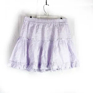 HILL HOUSE The Paz Linen Mini Skirt in Lilac Purple Stripe Ruffle XL thumbnail 3