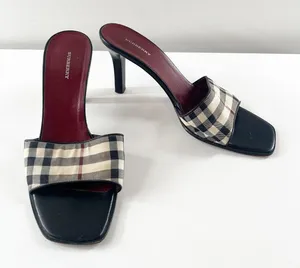 Burberry Vintage Nova Check Square Toe Plaid Slide Mule Kitten Heel Sandals 8 thumbnail 1