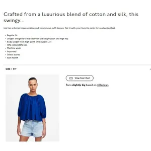 Madewell Top Womens Small‎ Blue Shirred Puff Sleeve Top Cotton Silk NV194 thumbnail 6