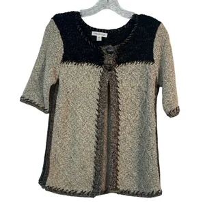 Coldwater Creek Mixed Media Cable Knit Cardigan Short Sleeve Tan Black Small thumbnail 1